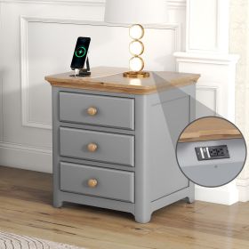 Wooden Nightstand with USB Charging Ports and Three Drawers,End Table for Bedroom,Gray+Natrual